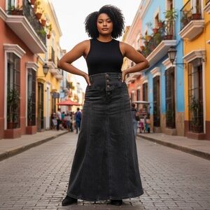 High-Waist Washed Black Denim Maxi Skirt